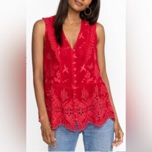 Johnny‎ Was Red Pink Cat Butterfly Floral Embroidered Meow Anitta Tank Blouse